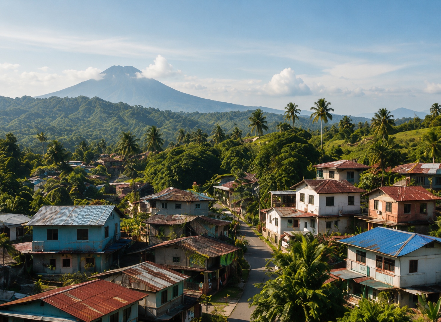A Philippine neighborhood beneath green mountains