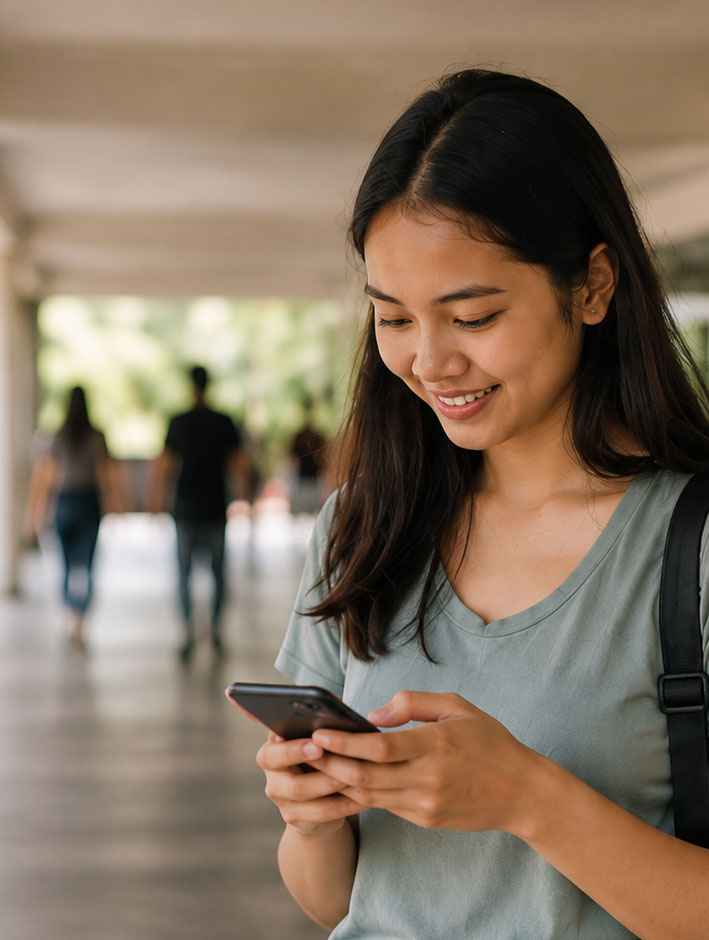 A student using her smartphone on a university campus